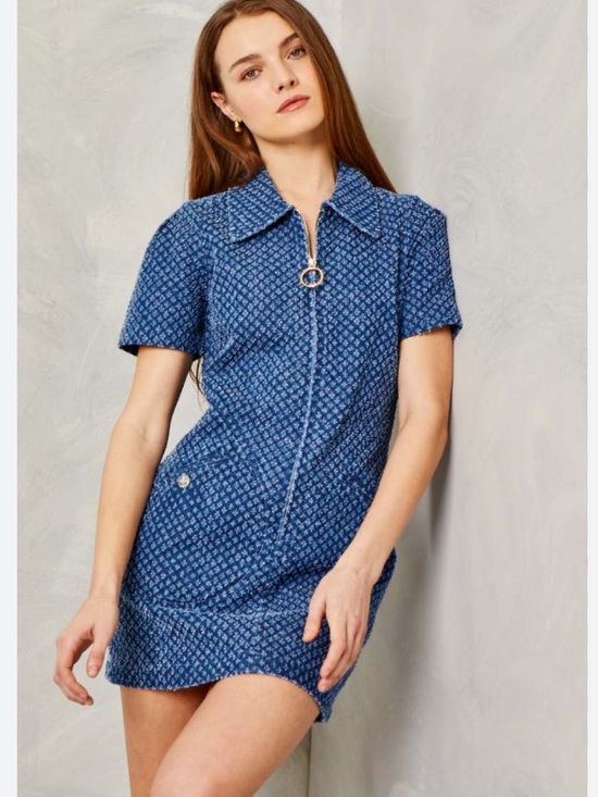 Cartolina Dress Twiggy Textured Denim Zip Up Mini In Rodeo Blue